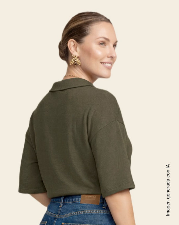 Camiseta de mangas 3/4 amplias con cuello sport y escote en V