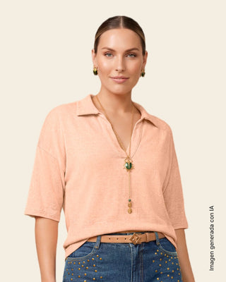 Camiseta de mangas 3/4 amplias con cuello sport y escote en V#color_271-mandarina