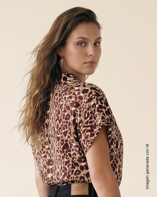 Blusa estampada de manga corta y cuello camisero