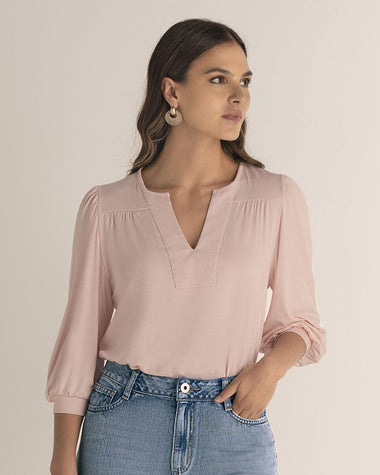 Camiseta manga 3/4 con recogido en hombros#color_c28-rosa-claro