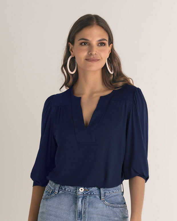 Camiseta manga 3/4 con recogido en hombros