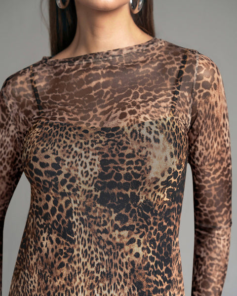 Vestido largo en tela transparente estampada#color_225-animal-printed