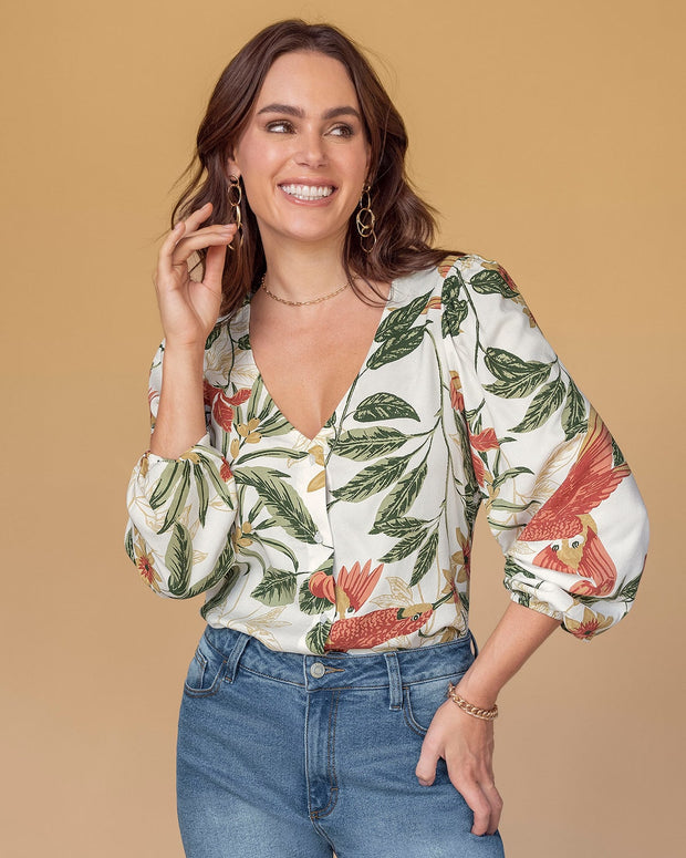 Blusa manga 3/4 estampada con elástico en puños