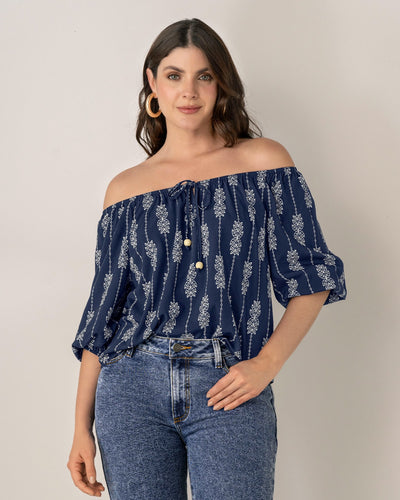 Blusa campesina manga 3/4 con efecto volumen#color_145-azul-est