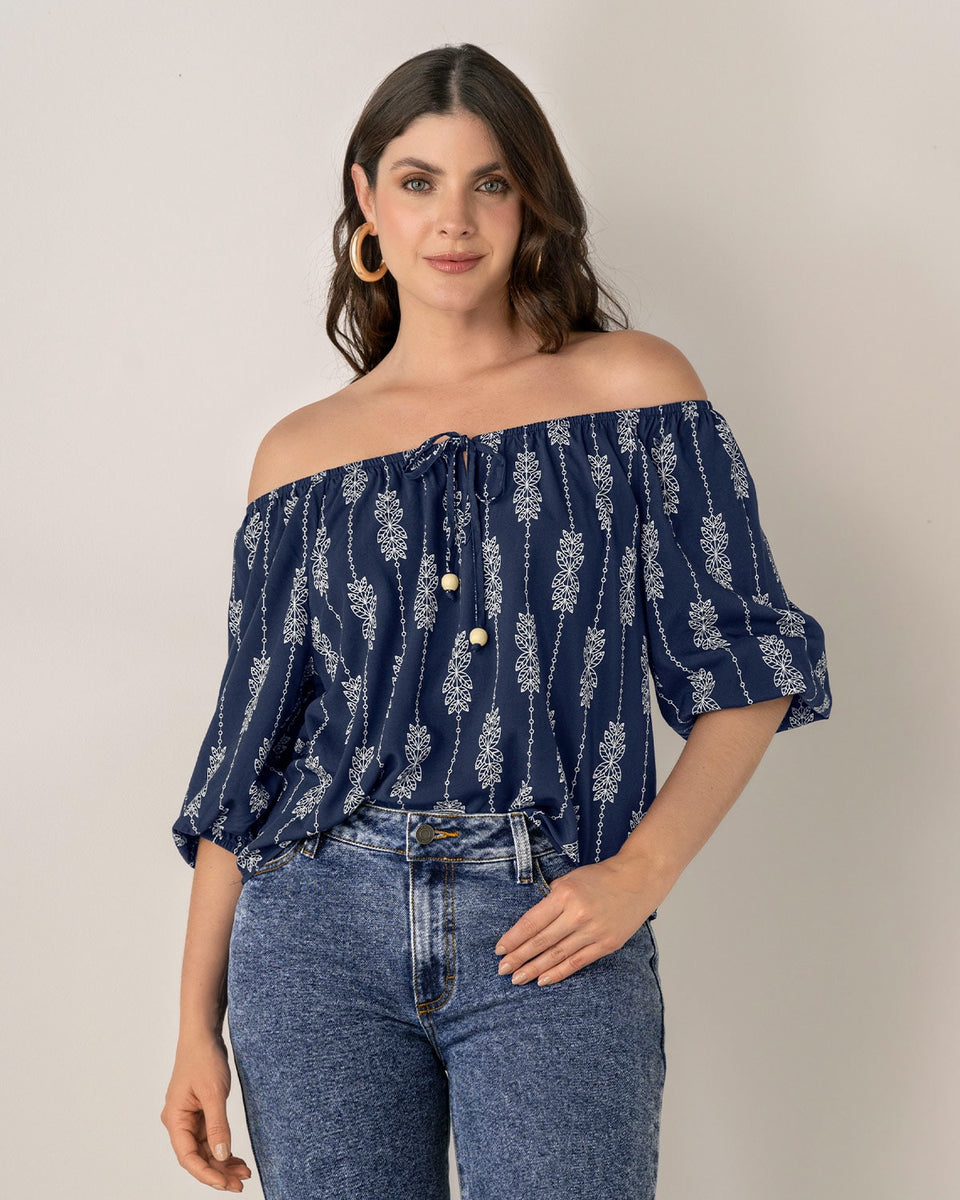 Blusa campesina manga 3/4 con efecto volumen