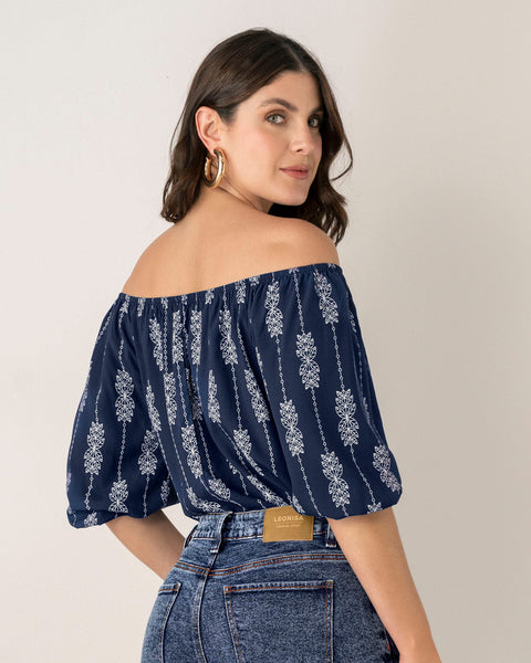 Blusa campesina manga 3/4 con efecto volumen#color_145-azul-est