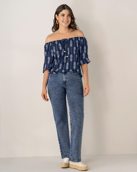 Blusa campesina manga 3/4 con efecto volumen#color_145-azul-est