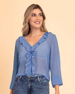 Blusa manga larga con transferencia y boleros#color_c39-azul