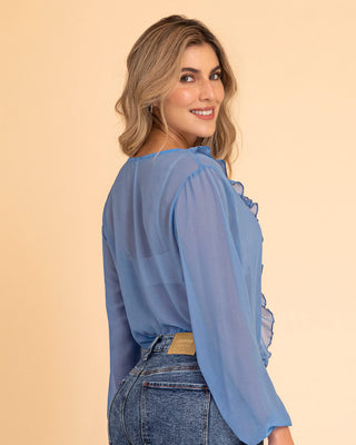 Blusa manga larga con transferencia y boleros#color_c39-azul