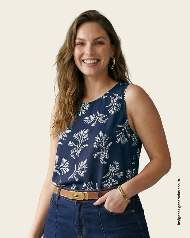 Blusa manga sisa estampada de cuello redondo alto