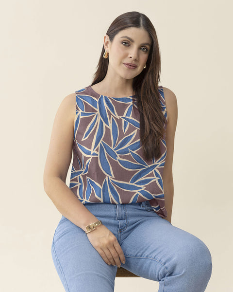 Blusa manga sisa estampada de cuello redondo alto#color_145-hojas-azules