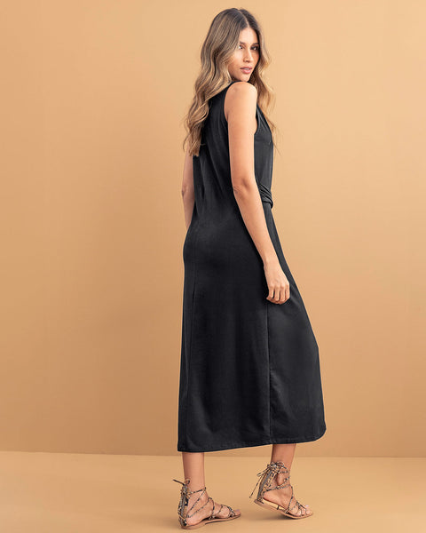 Vestido midi con argolla decorativa y abertura en frente#color_700-negro