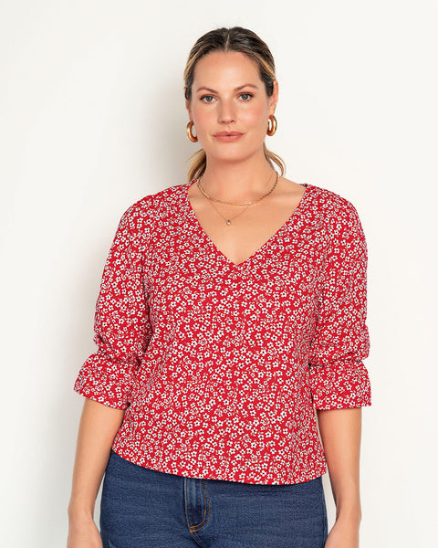 Blusa estampada con elástico recogido para mangas tipo globo#color_145-rojo-estampado