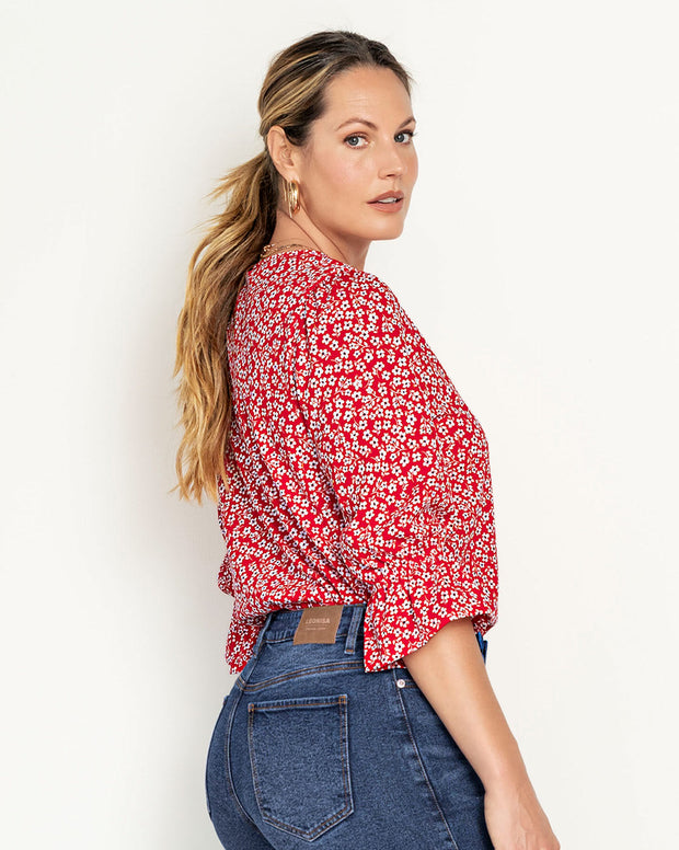 Blusa estampada con elástico recogido para mangas tipo globo