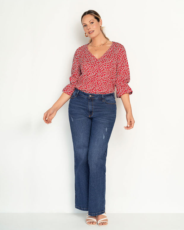 Blusa estampada con elástico recogido para mangas tipo globo