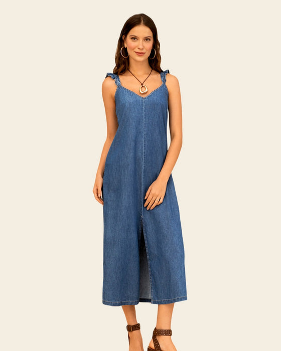 Vestido largo en denim liviano con abertura frontal#color_141-indigo