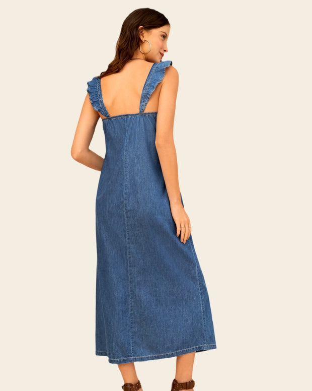 Vestido largo en denim liviano con abertura frontal
