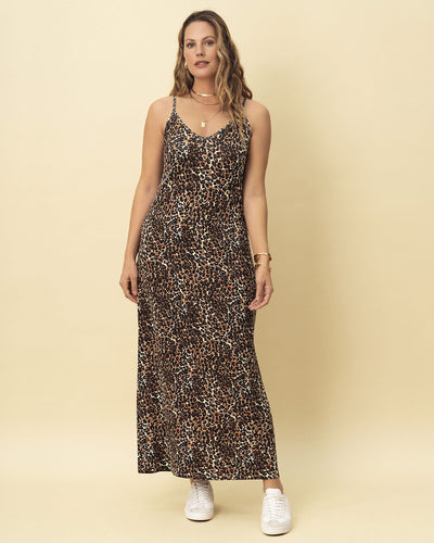 Vestido largo estampado de tiritas y escote en V#color_145-animal-print