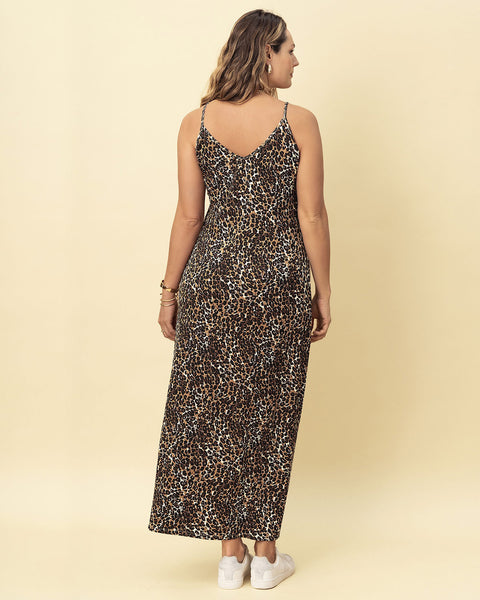 Vestido largo estampado de tiritas y escote en V#color_145-animal-print