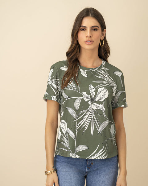 Camiseta manga corta estampada con dobladillo en manga#color_060-verde-hojas
