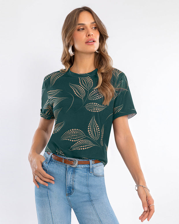 Camiseta manga corta estampada con dobladillo en manga