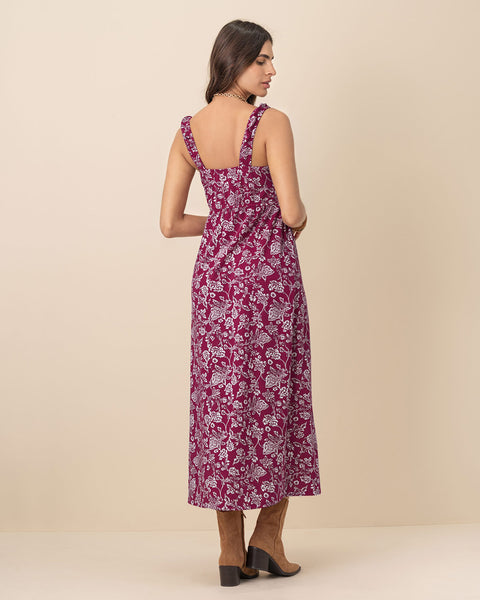 Vestido largo estampado de escote cuadrado#color_145-fucsia-estampado