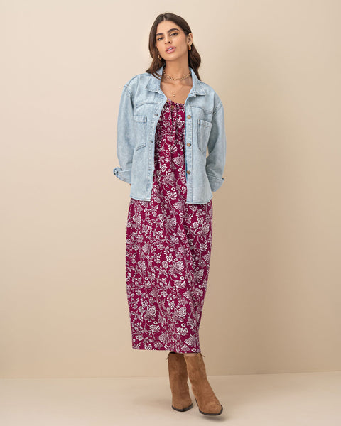 Vestido largo estampado de escote cuadrado#color_145-fucsia-estampado