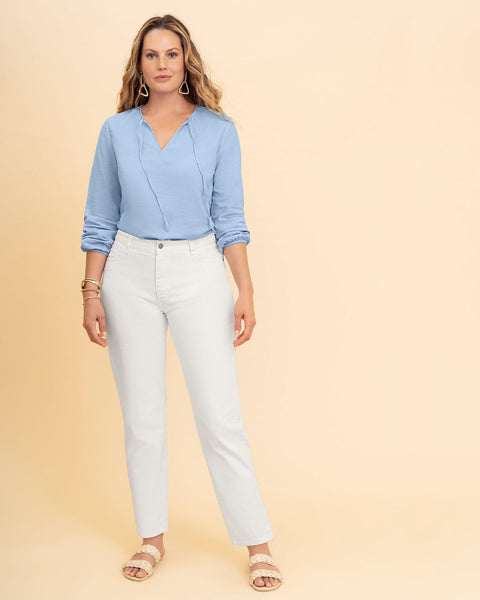 Blusa manga larga con escote en V y tiras para anudar#color_022-azul-cielo
