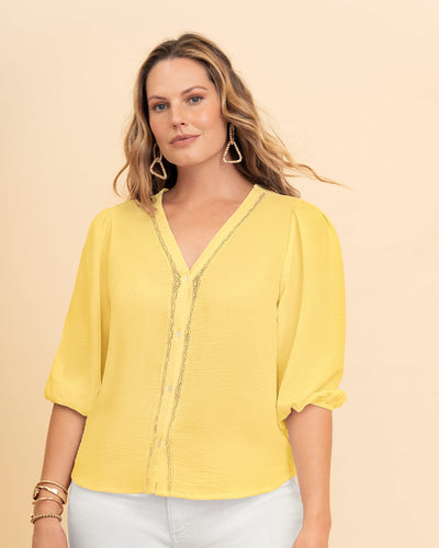 Blusa manga 3/4 en tela craquelada#color_019-mantequilla