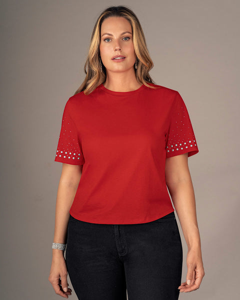 Blusa con piedras decorativas en mangas#color_c36-rojo
