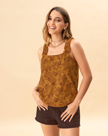 Camiseta de tiras gruesas con volantes#color_145-mostaza-estampado