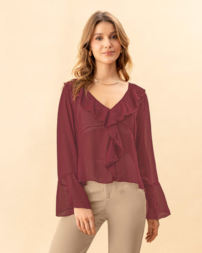 Blusa con bolero en escote en tela con transparencia#color_c55-vino