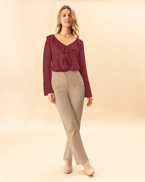 Blusa con bolero en escote en tela con transparencia#color_c55-vino
