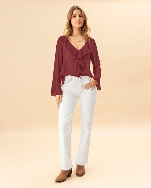Blusa con bolero en escote en tela con transparencia#color_c55-vino