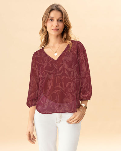 Blusa manga 2/4 estampada en tela con transparencia#color_098-hojas-rojo