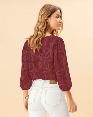 Blusa manga 2/4 estampada en tela con transparencia#color_098-hojas-rojo