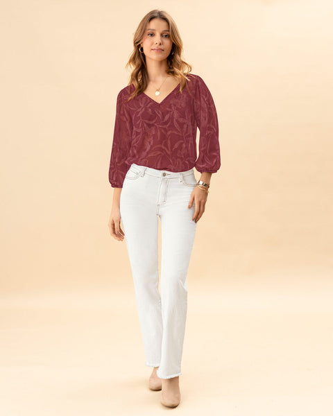 Blusa manga 2/4 estampada en tela con transparencia#color_098-hojas-rojo