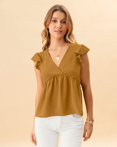 Blusa de mangas con boleros y escote cruzado en V#color_c18-mostaza