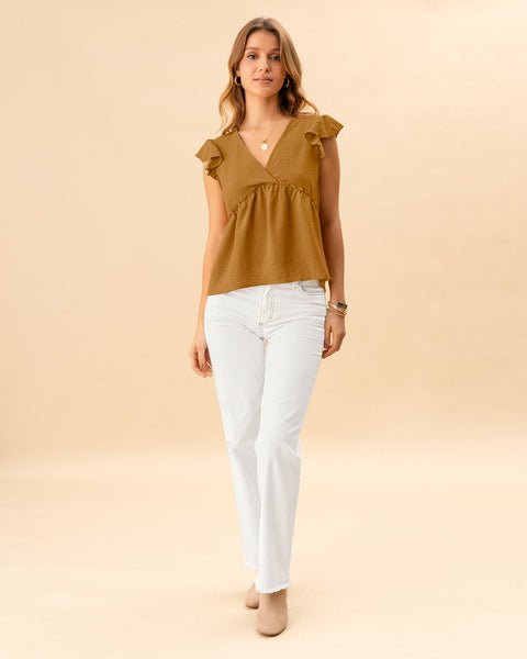 Blusa de mangas con boleros y escote cruzado en V#color_c18-mostaza