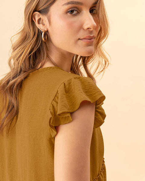 Blusa de mangas con boleros y escote cruzado en V#color_c18-mostaza