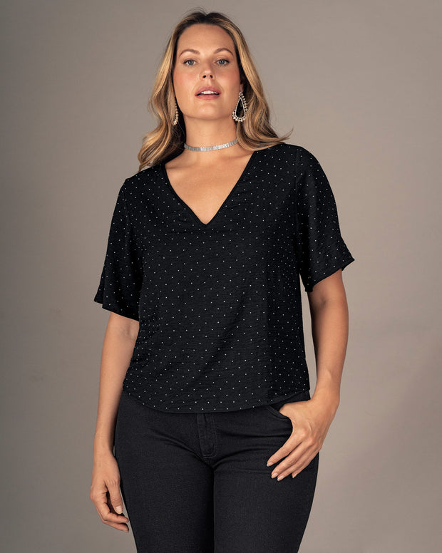 Blusa manga corta con apliques brillantes