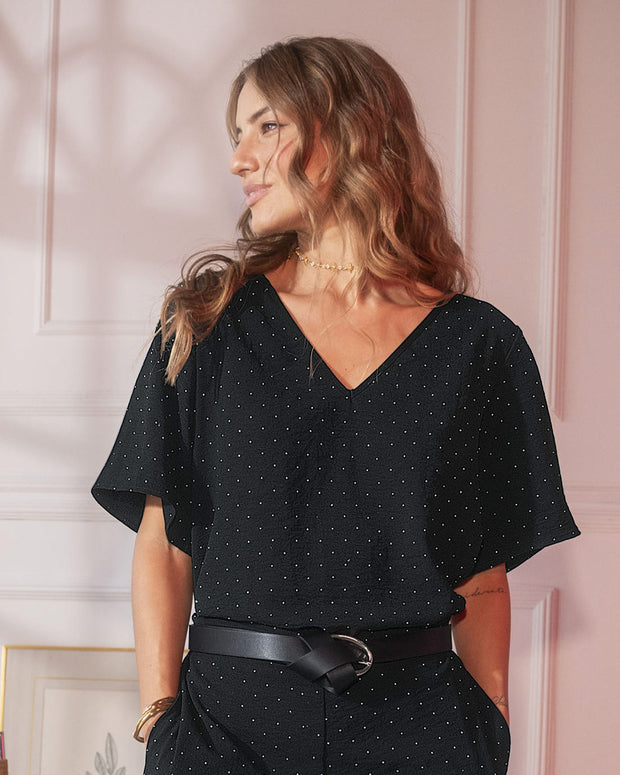 Blusa manga corta con apliques brillantes