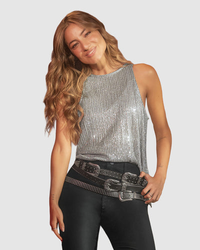 Blusa manga sisa con transparencia y brillo#color_708-plateado