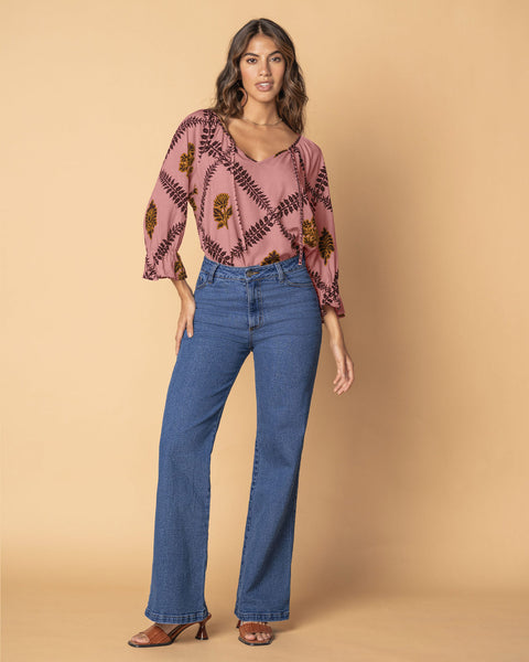 Blusa estampada manga 3/4 con elástico y bolero en puños#color_145-rosa-medio-estampado