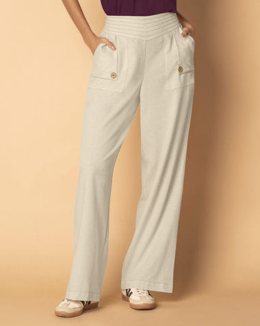 Pantalón con fajón con costuras decorativas en contraste#color_084-arena-claro