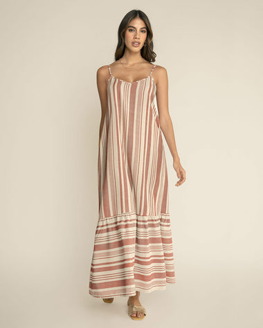 Vestido largo estampado de tiritas con bolero en ruedo#color_146-rayas-gris