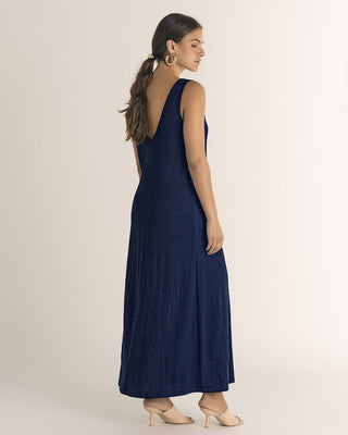 Vestido midi básico en tela con textura#color_c42-azul-oscuro