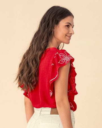Blusa en tela bordada con bolero en mangas#color_302-rojo