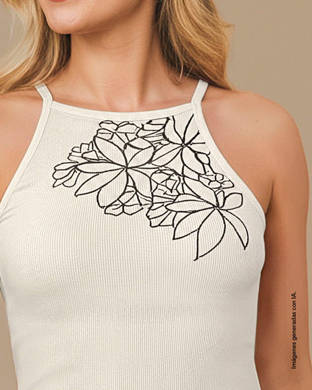 Camiseta cuello halter de tiritas con aplique bordado
