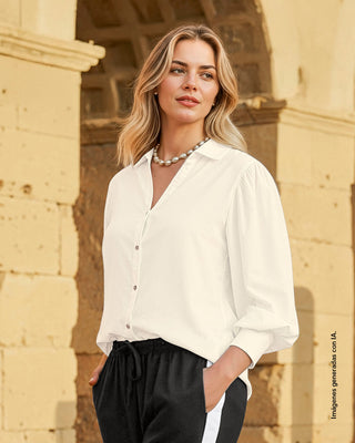 Camisa en tela tipo lino con mangas con volumen#color_018-marfil